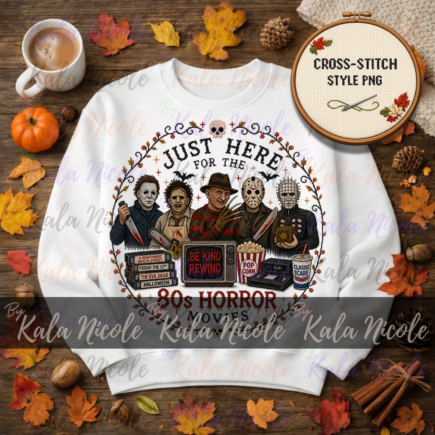 Just Here for the Movies Cross-Stitch PNG | 80s Horror