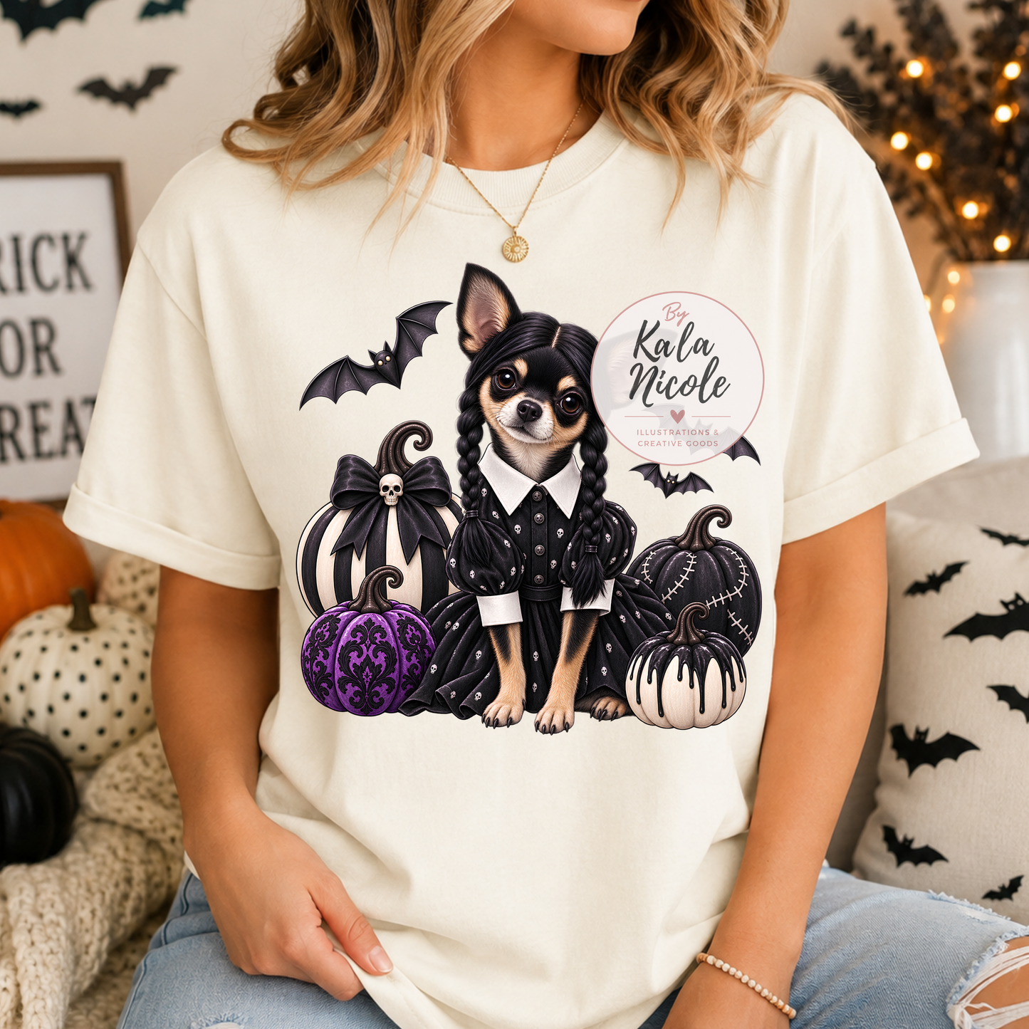 Chihuahua Wednesday Addams Halloween PNG
