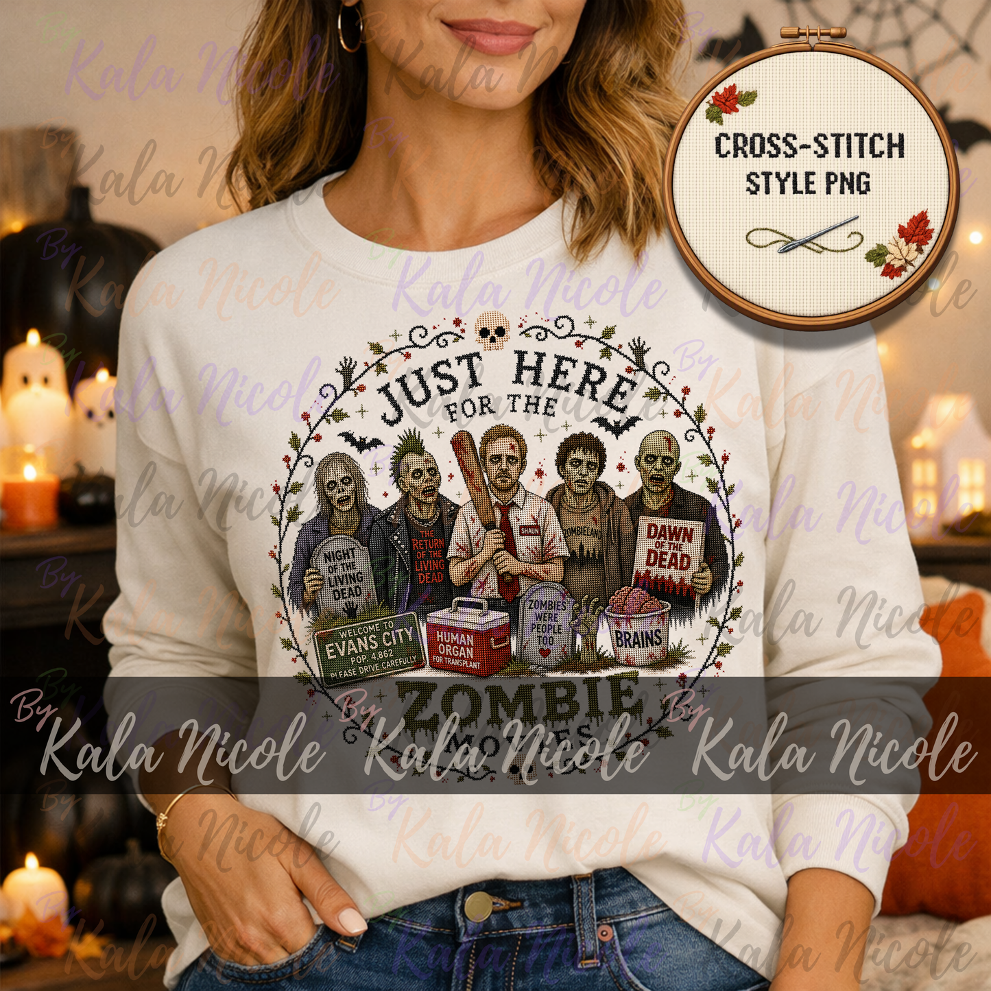 Just Here for the Movies Cross-Stitch PNG | Zombie