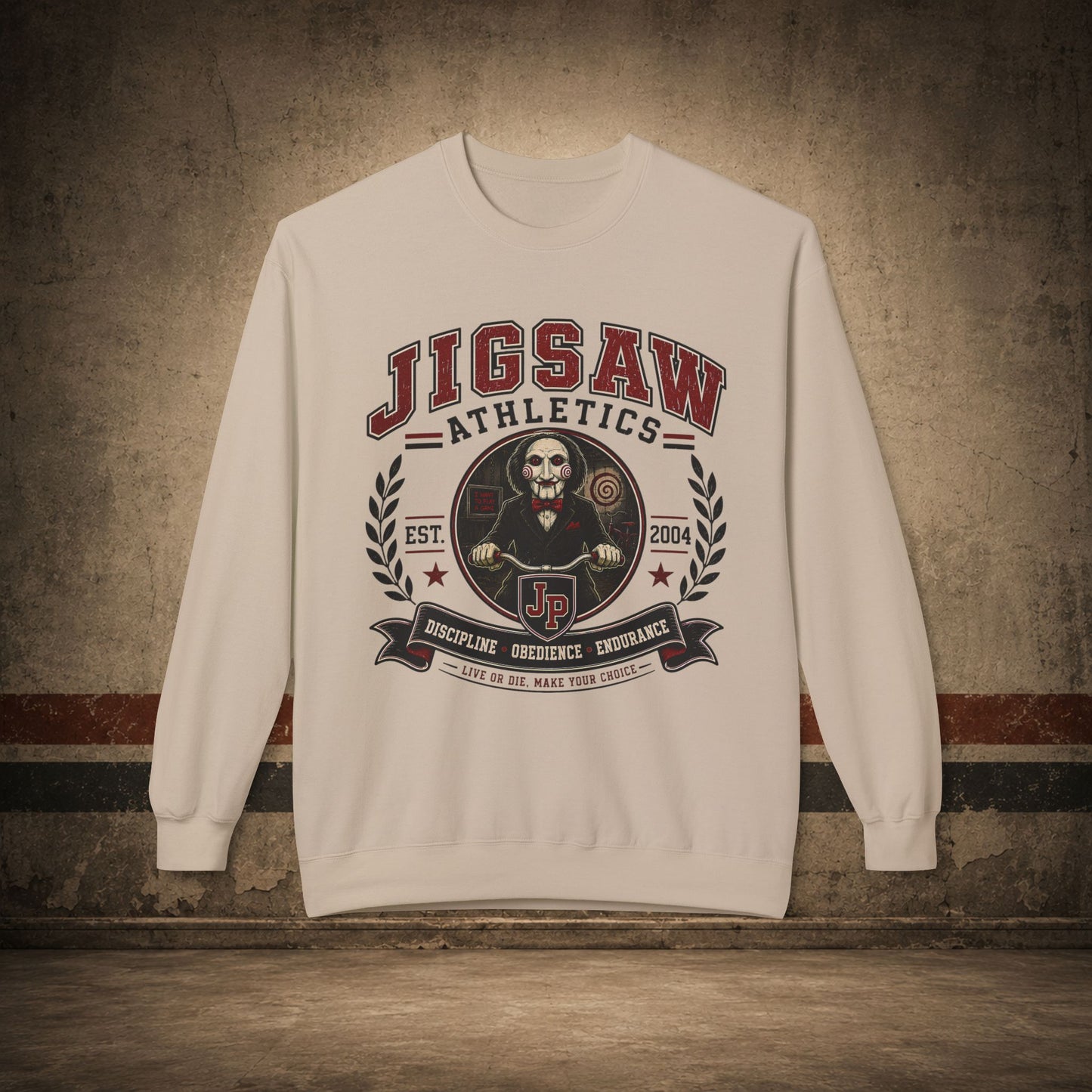 Jigsaw Athletics Crewneck Sweatshirt – Retro Horror School Logo