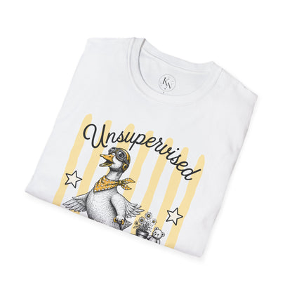 Goose Graphic T-Shirt — "Unsupervised Again" Vintage Yellow Stripe Tee