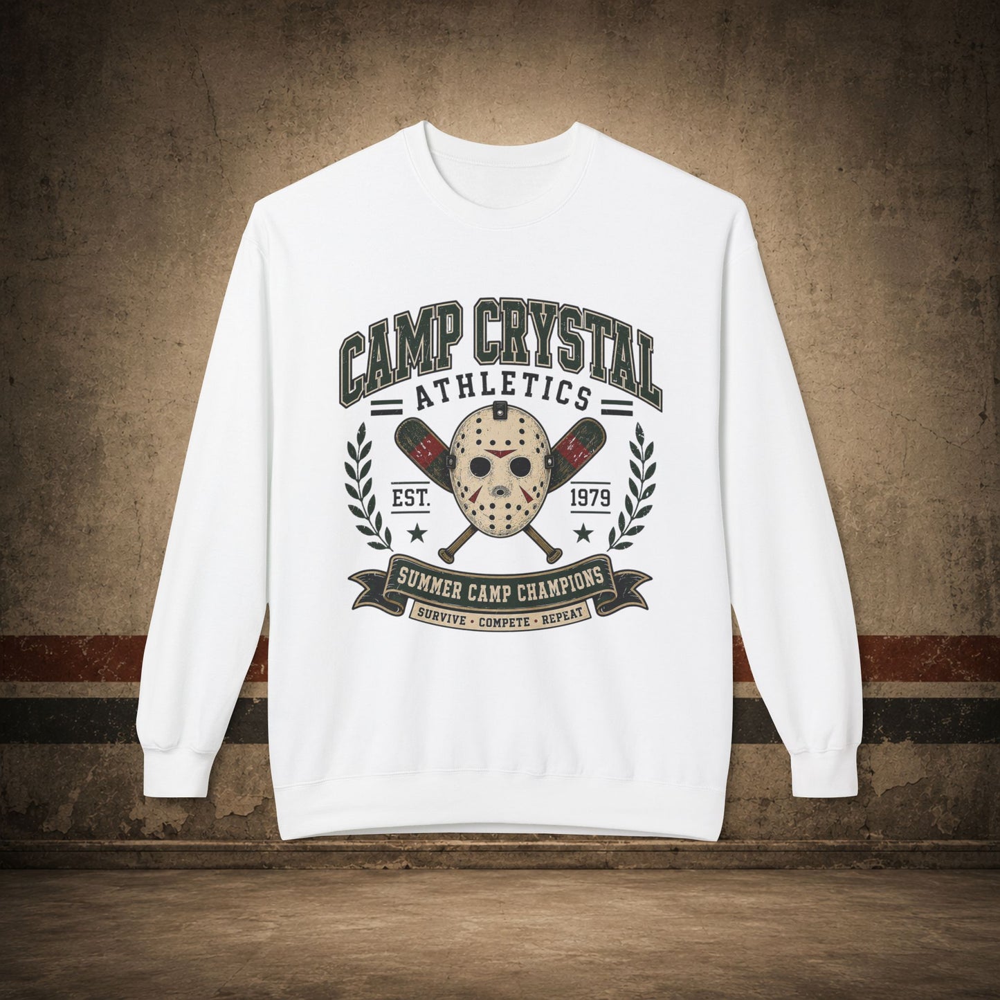Camp Crystal Athletics Crewneck Sweatshirt – Retro Horror School Logo