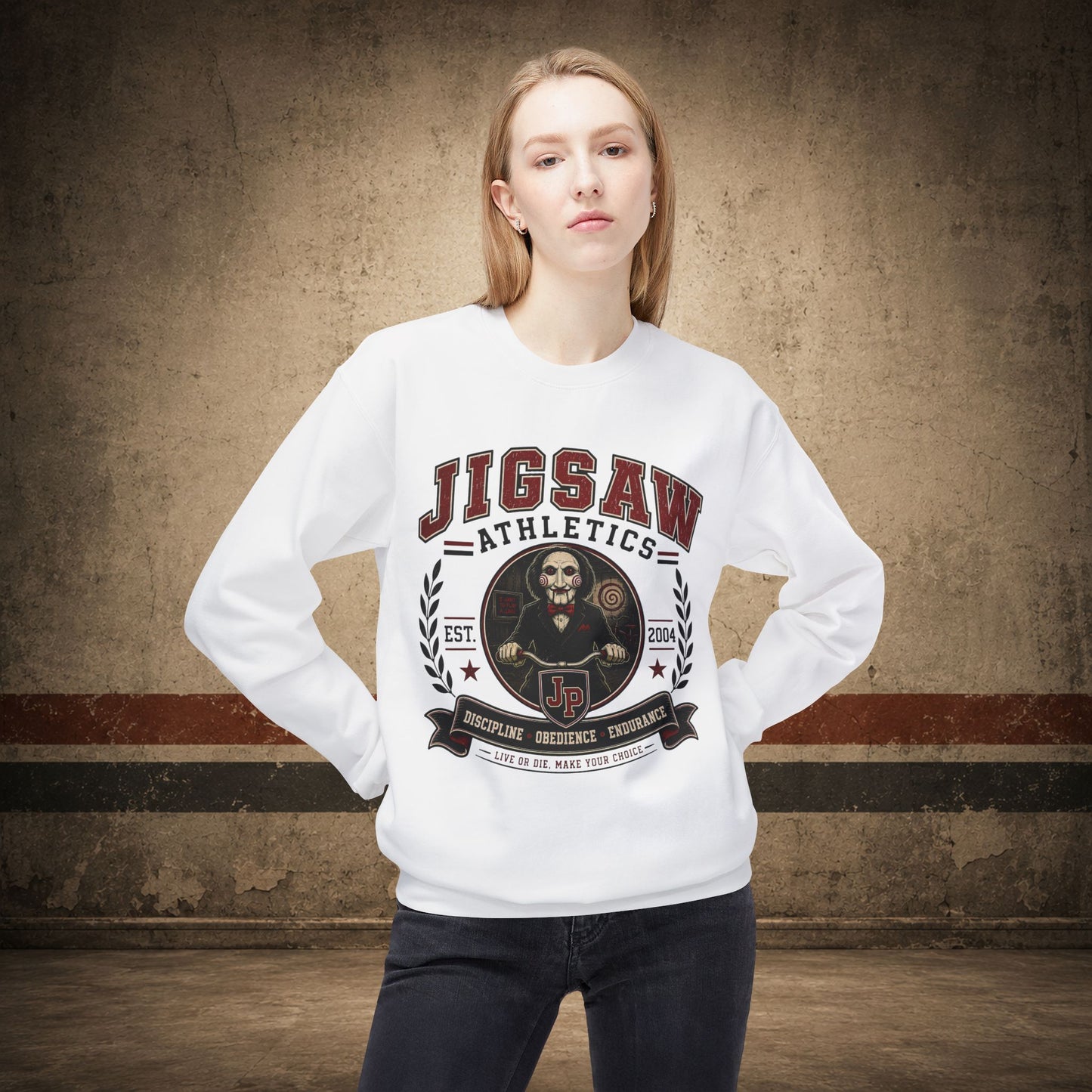 Jigsaw Athletics Crewneck Sweatshirt – Retro Horror School Logo