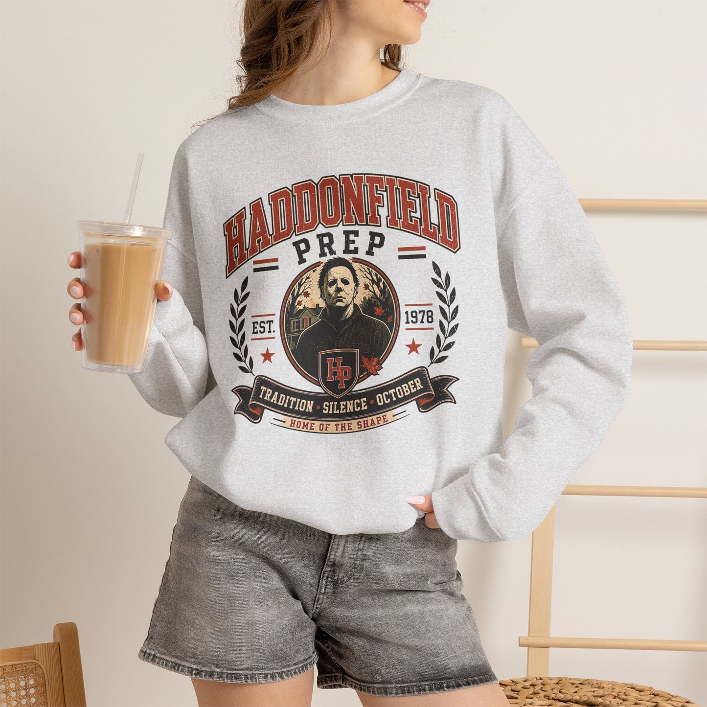 Haddonfield Prep Crewneck Sweatshirt — Retro Horror School Logo