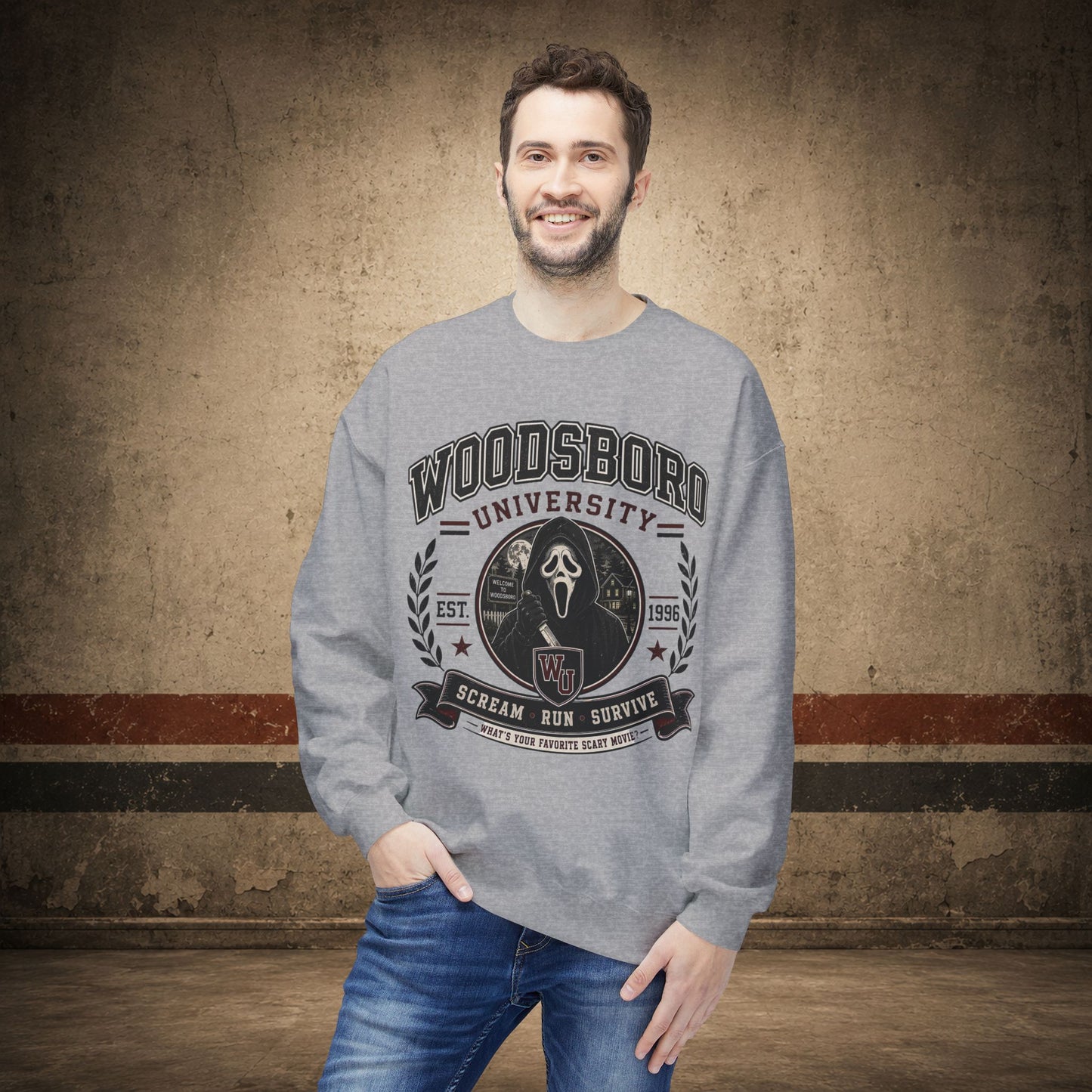 Woodsboro University Crewneck Sweatshirt – Retro Horror School Logo