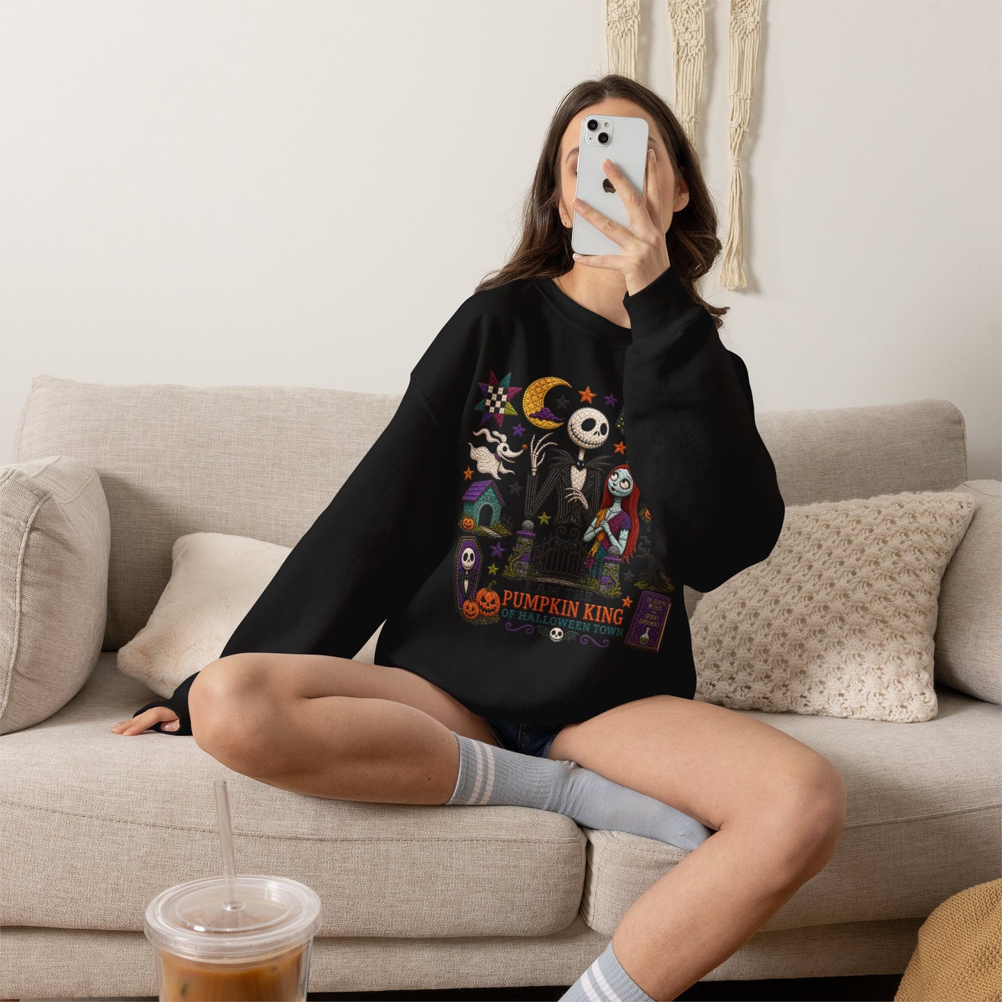 Halloween Crewneck Sweatshirt — 'I Am the Pumpkin King' Jack Skellington Quilt Style Design