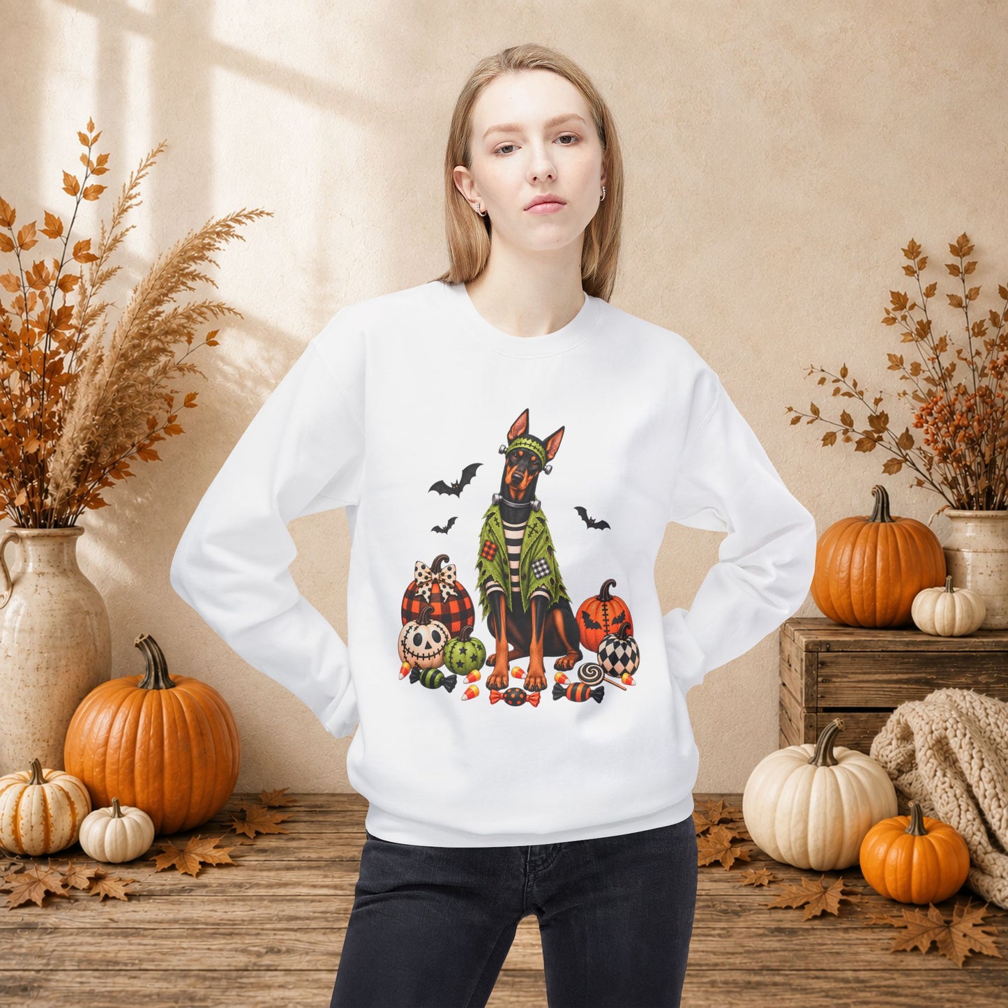 Doberman Halloween Sweatshirt — Spooky Dog Pumpkin Crewneck