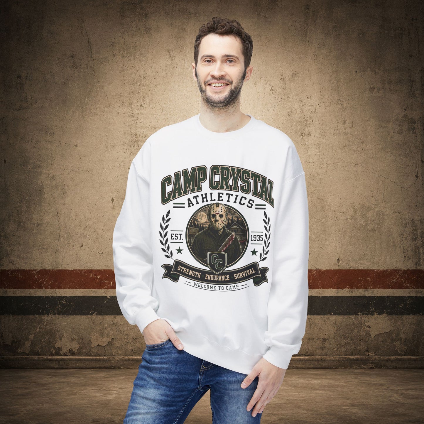 Camp Crystal College Crewneck Sweatshirt – Retro Horror School Logo