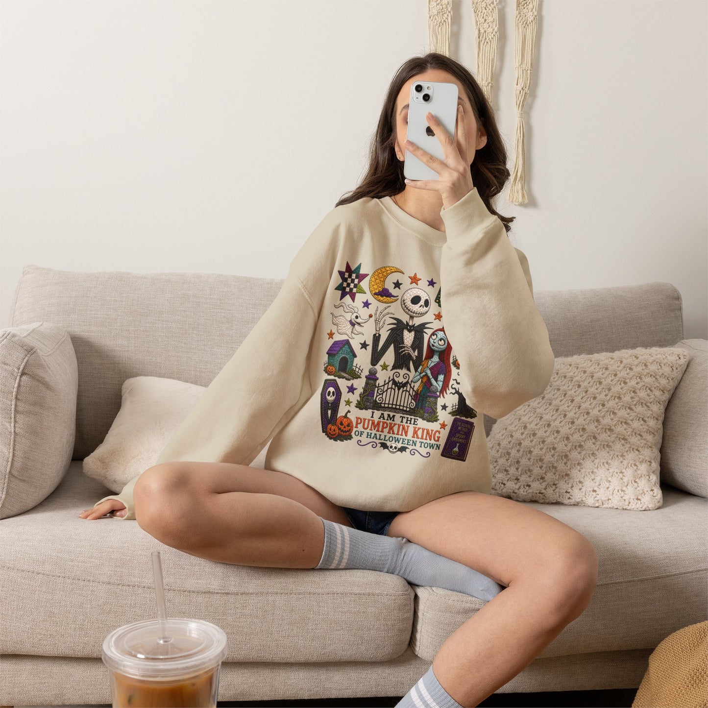 Halloween Crewneck Sweatshirt — 'I Am the Pumpkin King' Jack Skellington Quilt Style Design