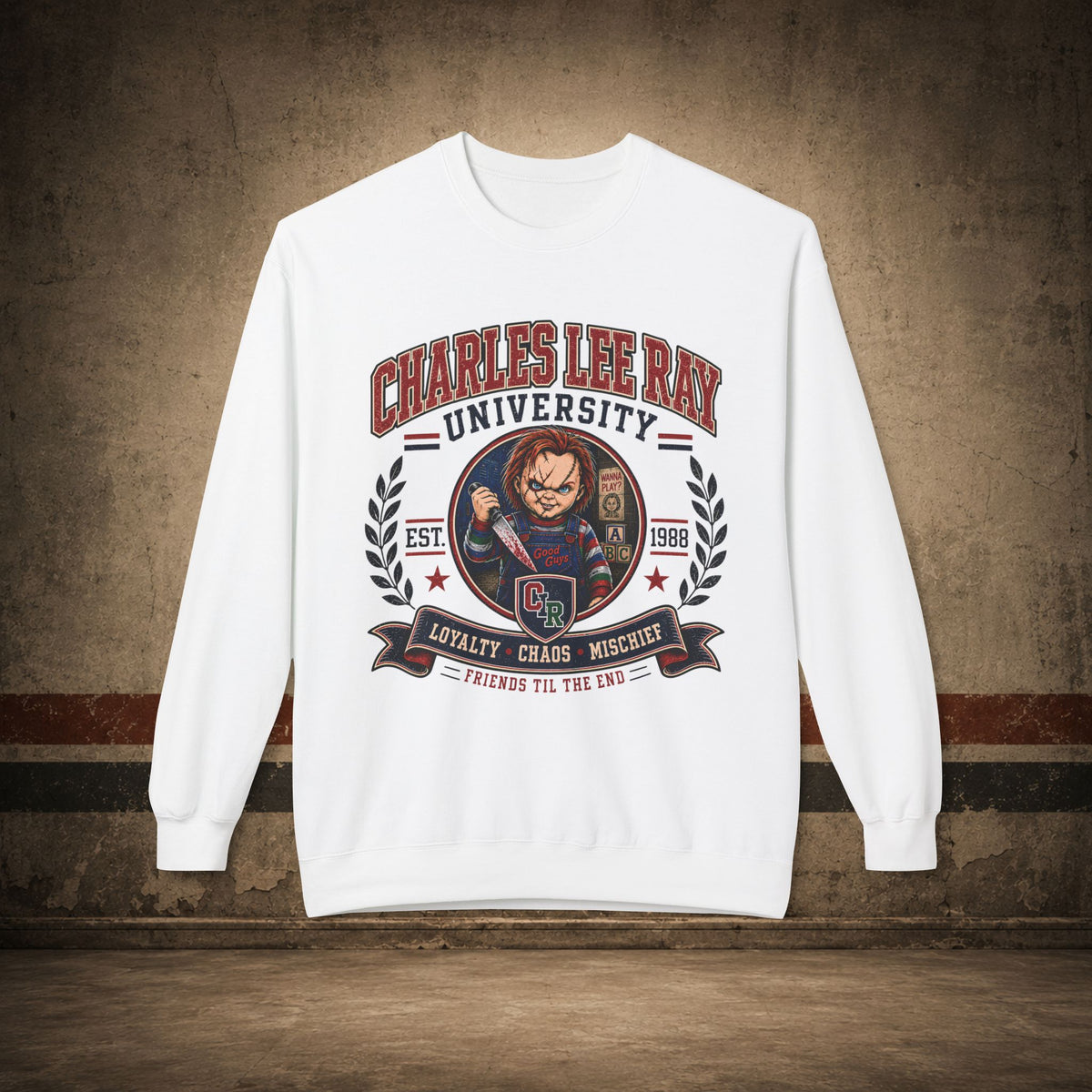 Charles Lee Ray University Crewneck Sweatshirt – Retro Horror School Logo