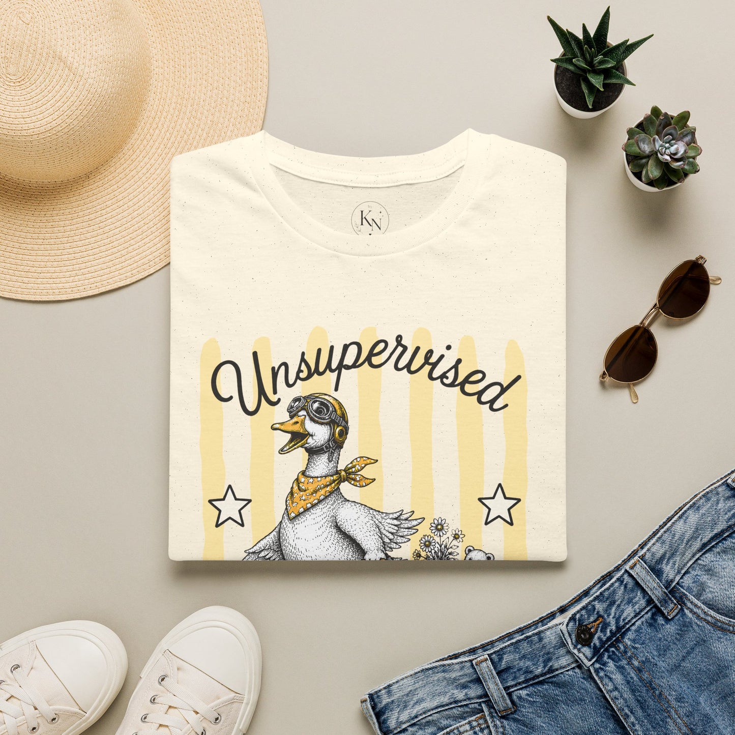 Goose Graphic T-Shirt — "Unsupervised Again" Vintage Yellow Stripe Tee