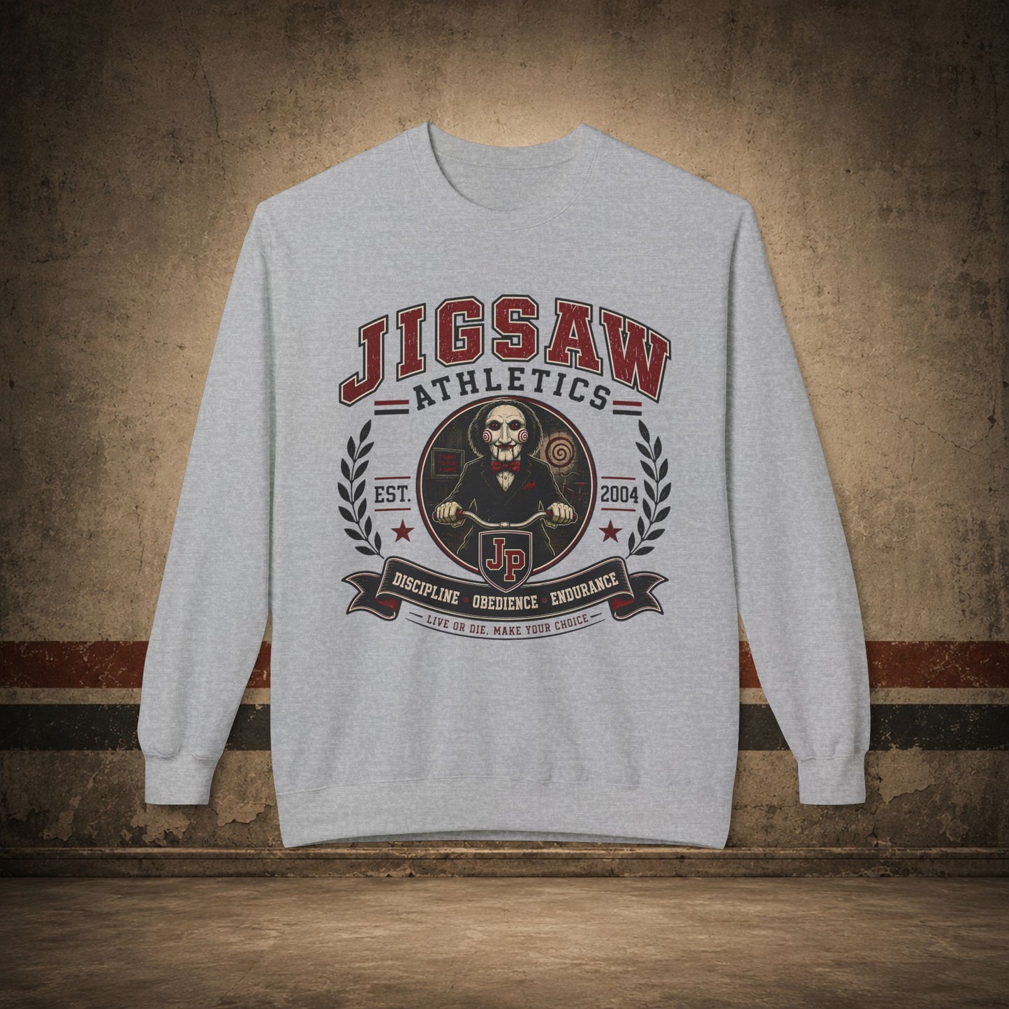 Jigsaw Athletics Crewneck Sweatshirt – Retro Horror School Logo