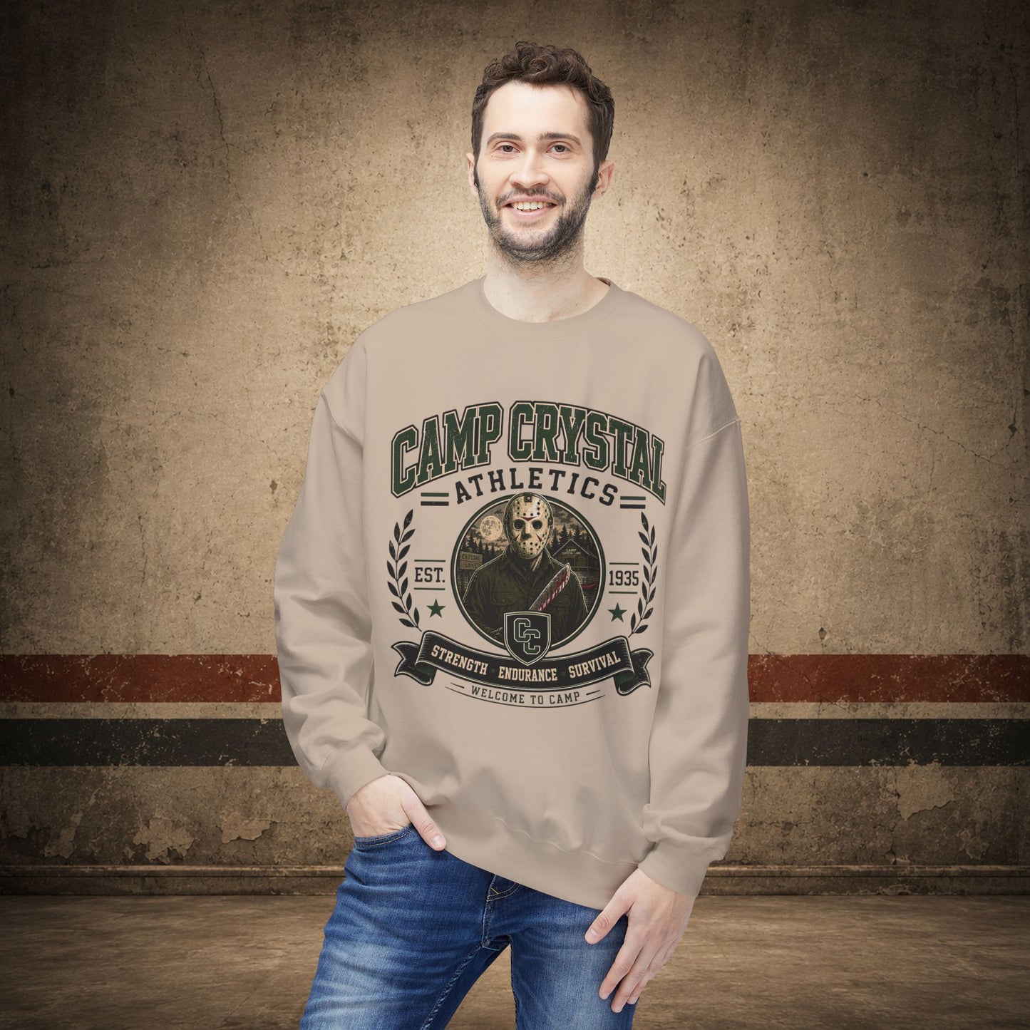 Camp Crystal College Crewneck Sweatshirt – Retro Horror School Logo