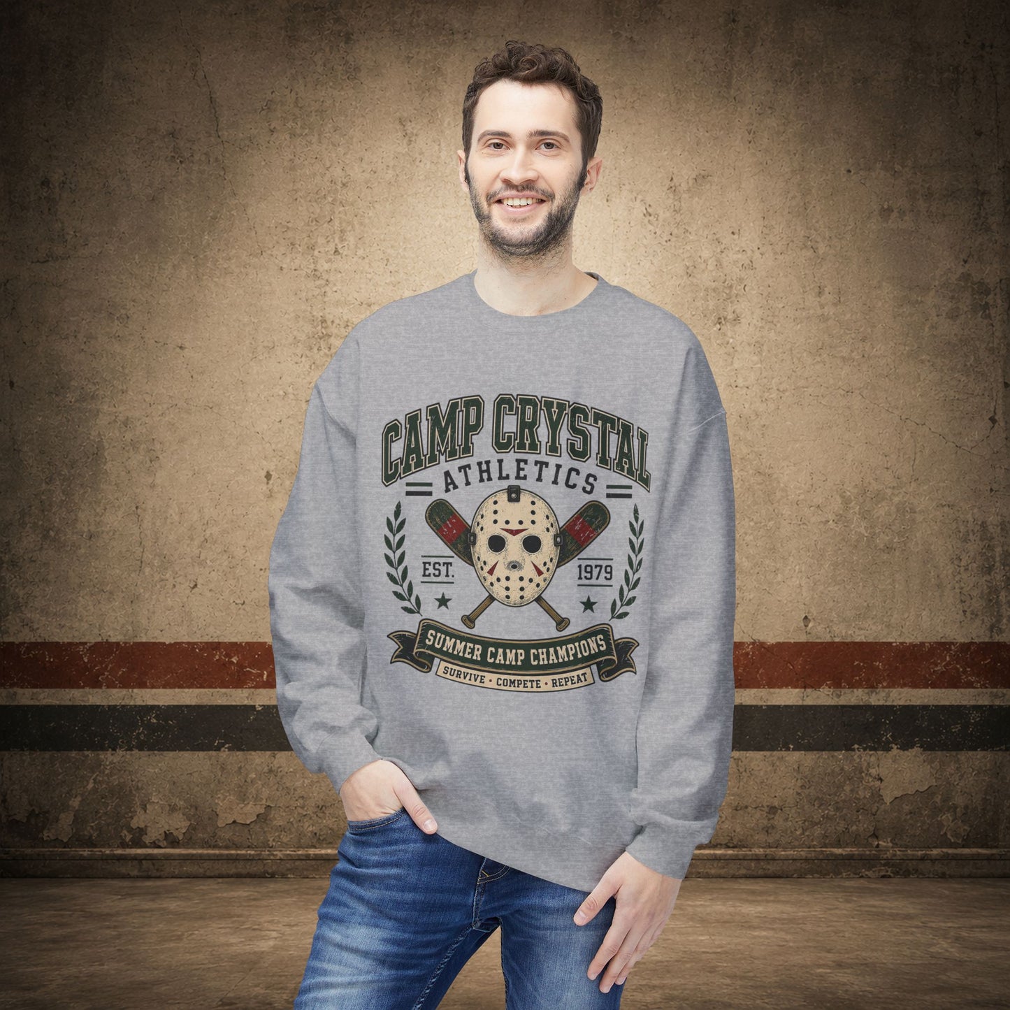 Camp Crystal Athletics Crewneck Sweatshirt – Retro Horror School Logo