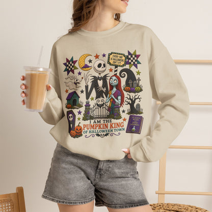 Halloween Crewneck Sweatshirt — 'I Am the Pumpkin King' Jack Skellington Quilt Style Design