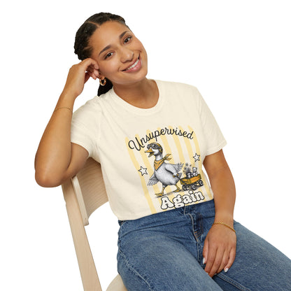 Goose Graphic T-Shirt — "Unsupervised Again" Vintage Yellow Stripe Tee