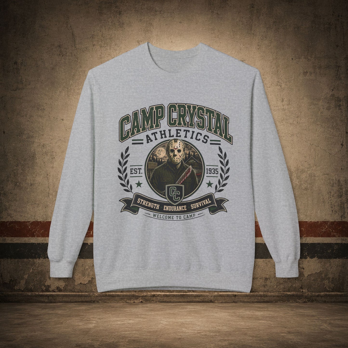 Camp Crystal College Crewneck Sweatshirt – Retro Horror School Logo