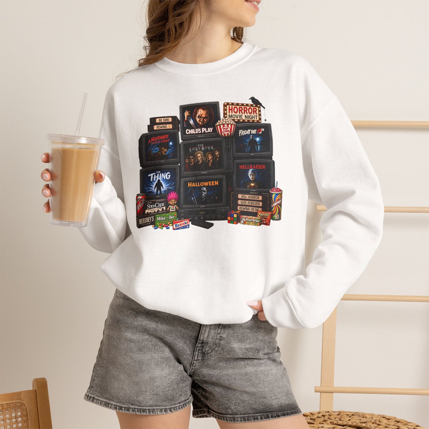 Horror Classics Crewneck Sweatshirt — Retro VHS Movie Stack Design