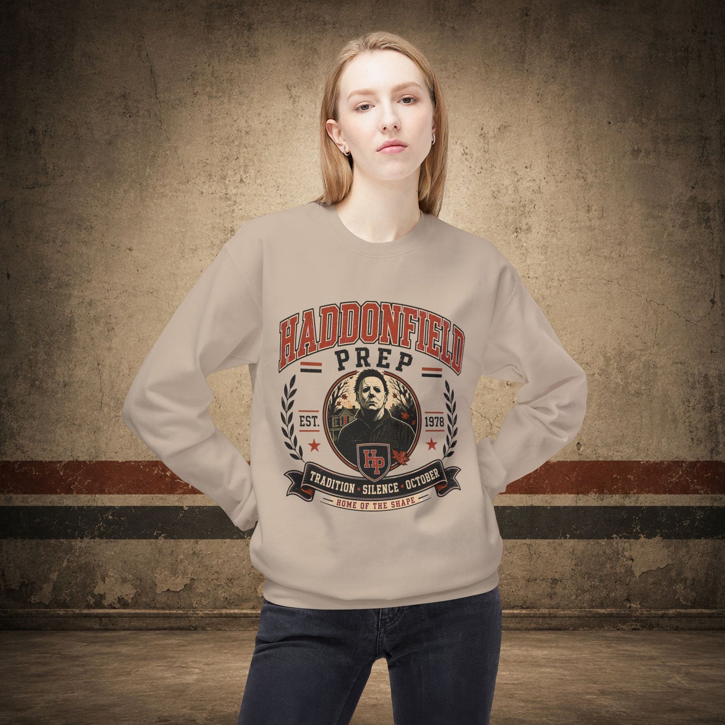 Haddonfield Prep Crewneck Sweatshirt – Retro Horror School Logo