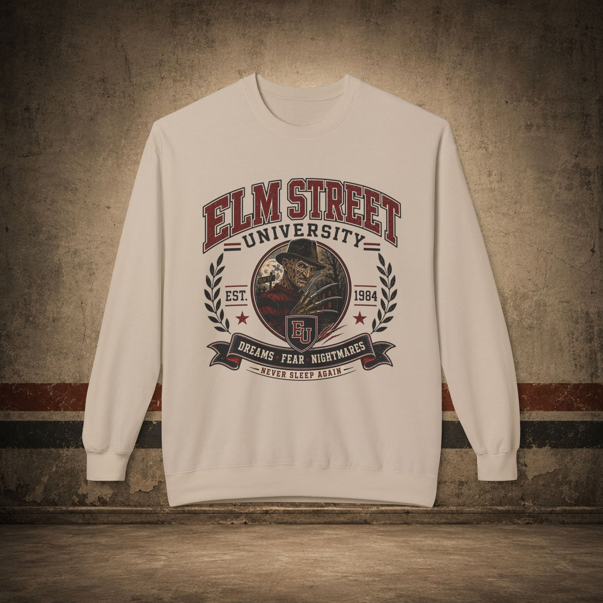 Elm Street University Crewneck Sweatshirt – Retro Horror School Logo