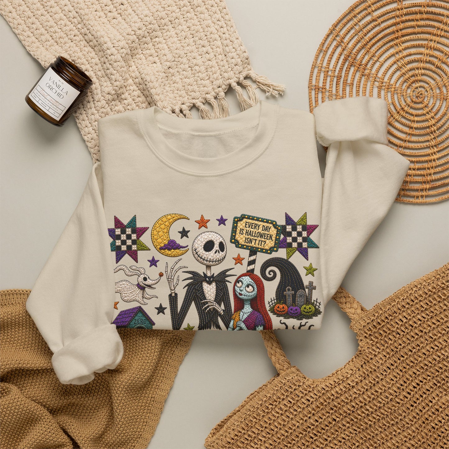 Halloween Crewneck Sweatshirt — 'I Am the Pumpkin King' Jack Skellington Quilt Style Design