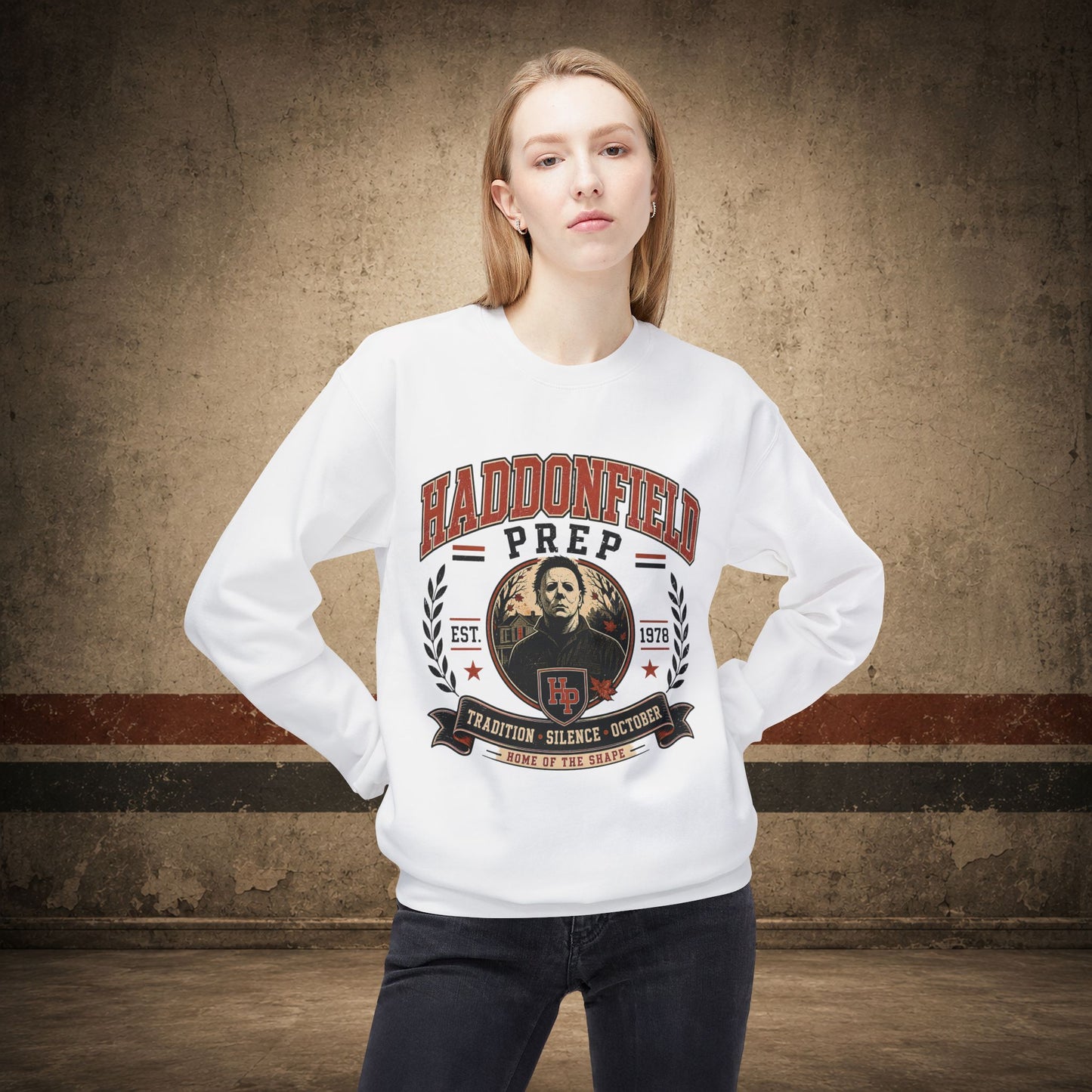 Haddonfield Prep Crewneck Sweatshirt – Retro Horror School Logo