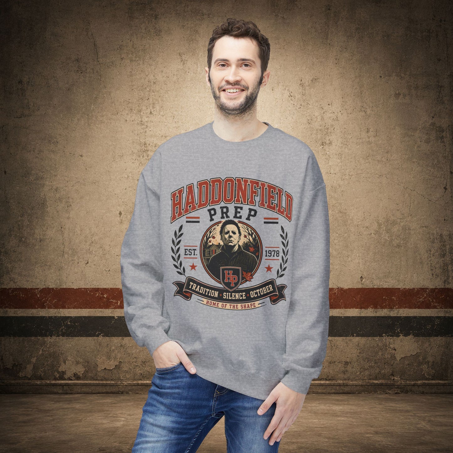 Haddonfield Prep Crewneck Sweatshirt – Retro Horror School Logo