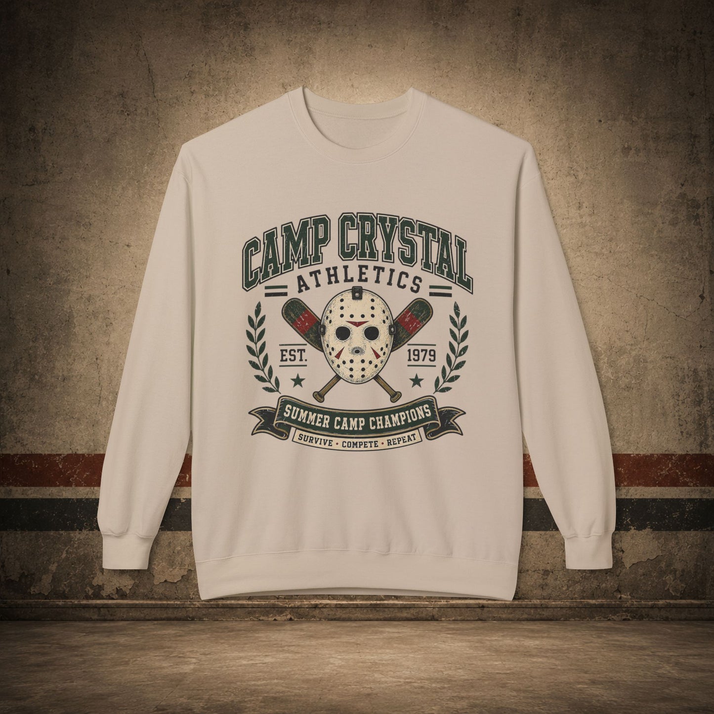 Camp Crystal Athletics Crewneck Sweatshirt – Retro Horror School Logo