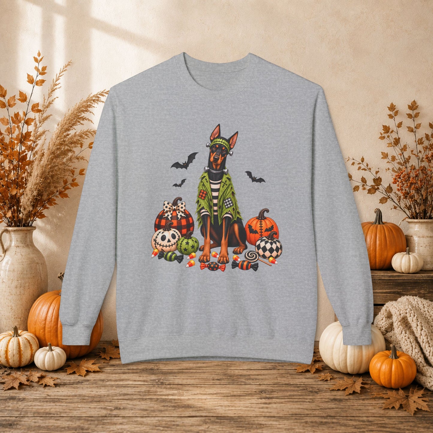 Doberman Halloween Sweatshirt — Spooky Dog Pumpkin Crewneck