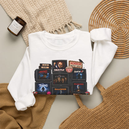 Horror Classics Crewneck Sweatshirt — Retro VHS Movie Stack Design