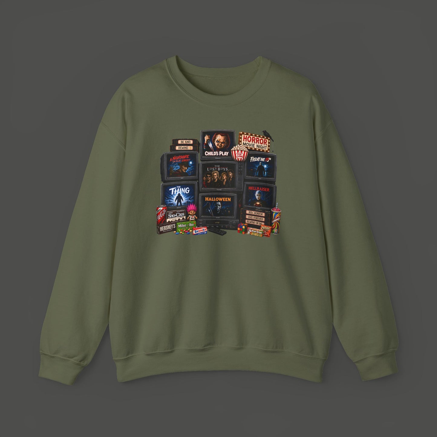 Horror Classics Crewneck Sweatshirt — Retro VHS Movie Stack Design