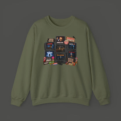 Horror Classics Crewneck Sweatshirt — Retro VHS Movie Stack Design