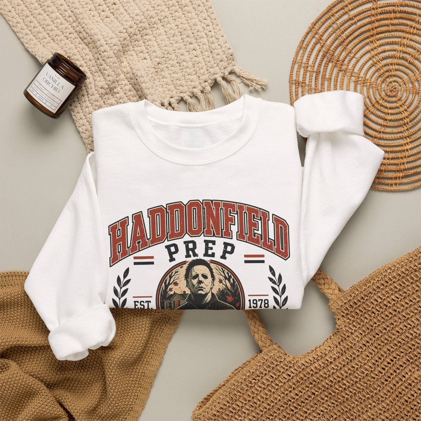 Haddonfield Prep Crewneck Sweatshirt — Retro Horror School Logo