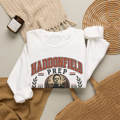Haddonfield Prep Crewneck Sweatshirt — Retro Horror School Logo