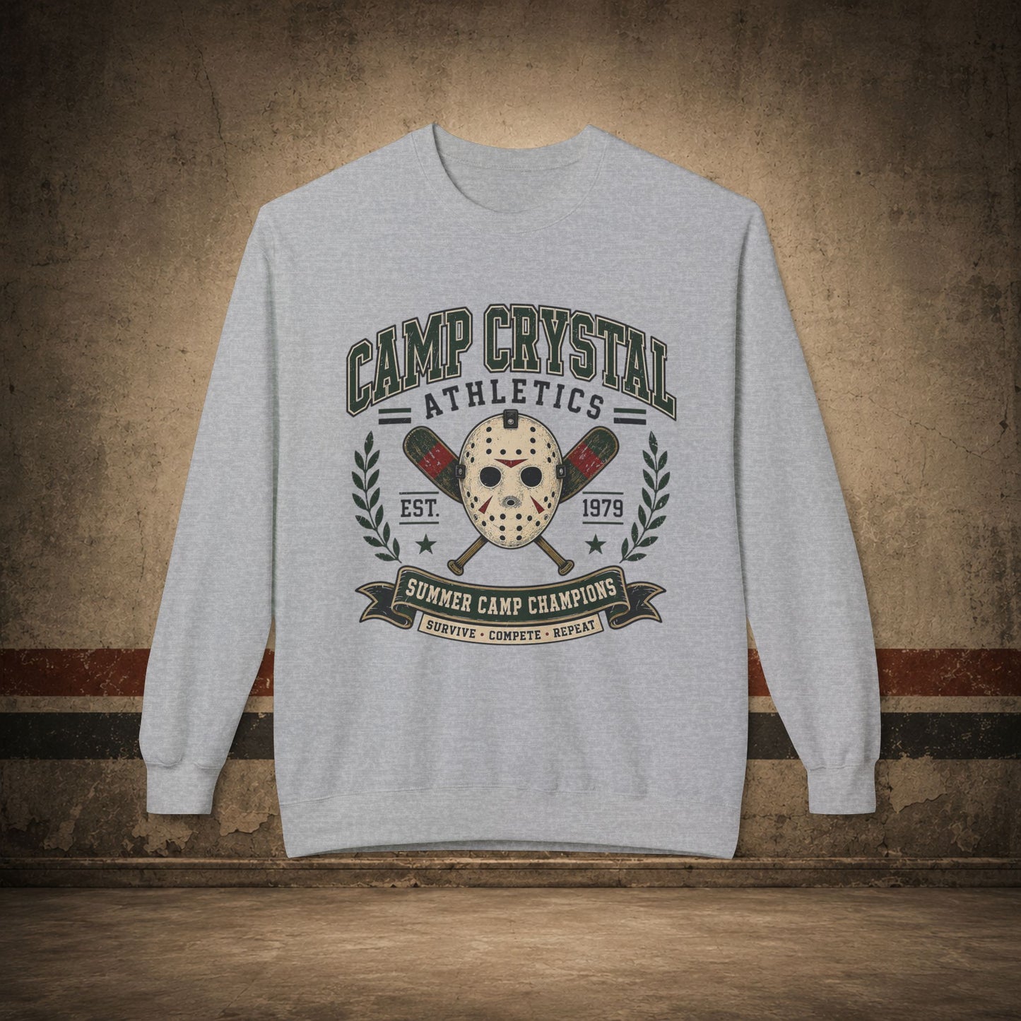 Camp Crystal Athletics Crewneck Sweatshirt – Retro Horror School Logo