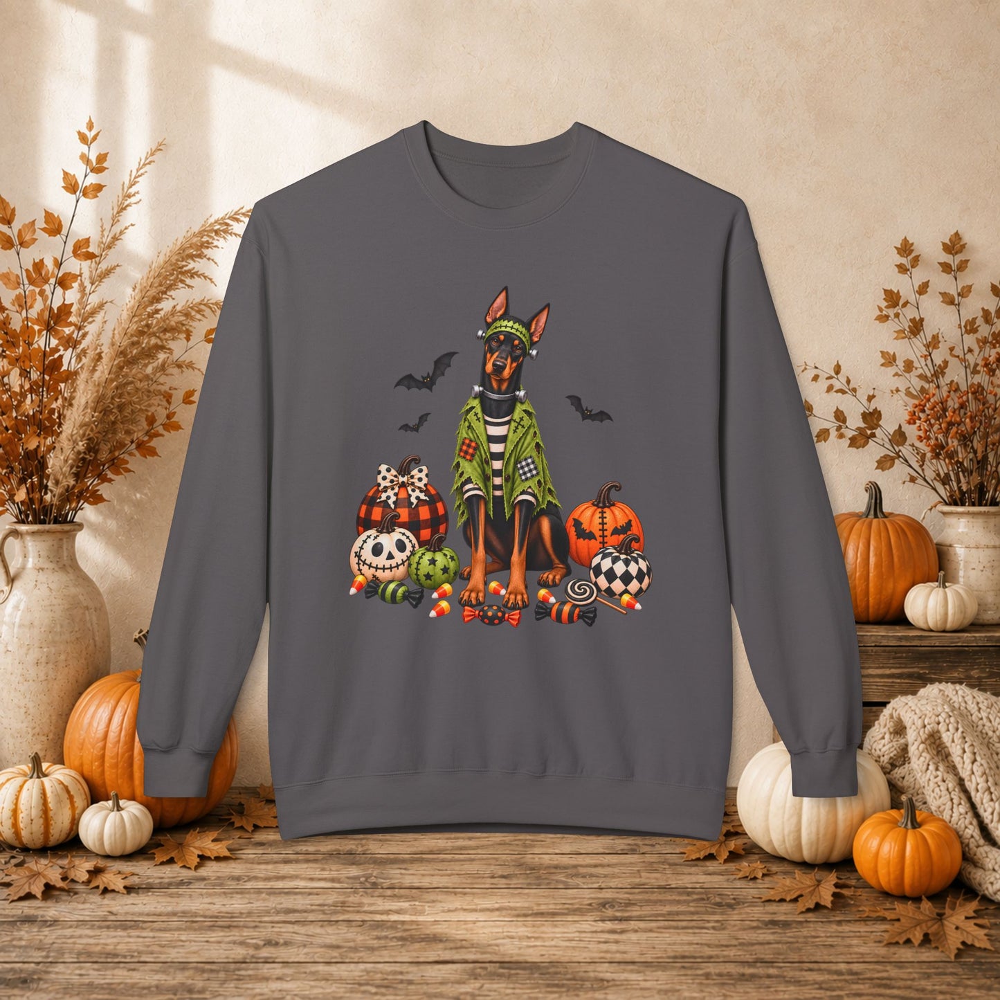 Doberman Halloween Sweatshirt — Spooky Dog Pumpkin Crewneck