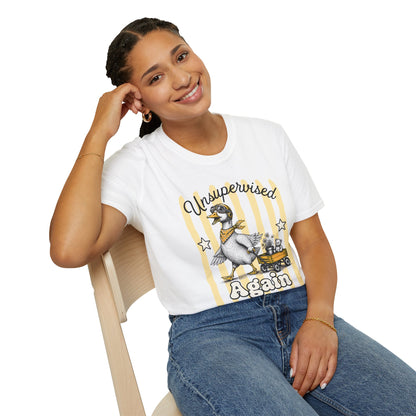 Goose Graphic T-Shirt — "Unsupervised Again" Vintage Yellow Stripe Tee