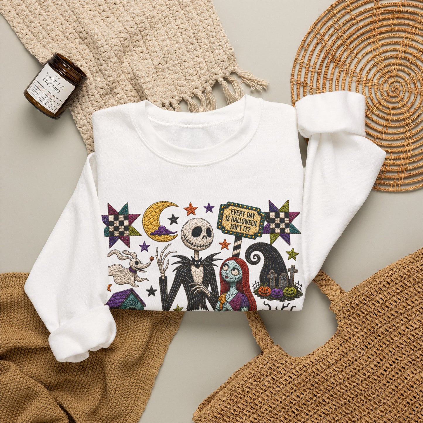 Halloween Crewneck Sweatshirt — 'I Am the Pumpkin King' Jack Skellington Quilt Style Design