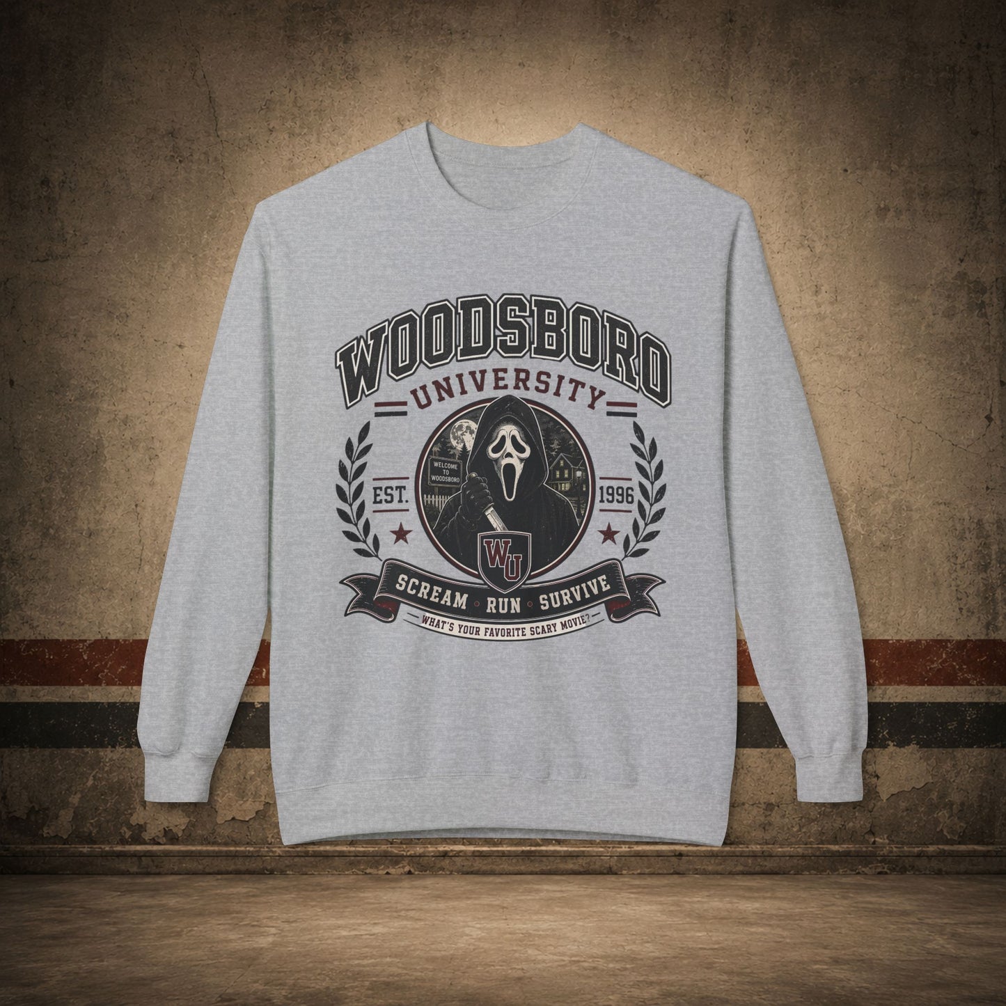 Woodsboro University Crewneck Sweatshirt – Retro Horror School Logo