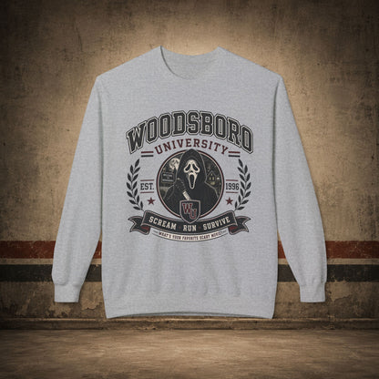 Woodsboro University Crewneck Sweatshirt – Retro Horror School Logo