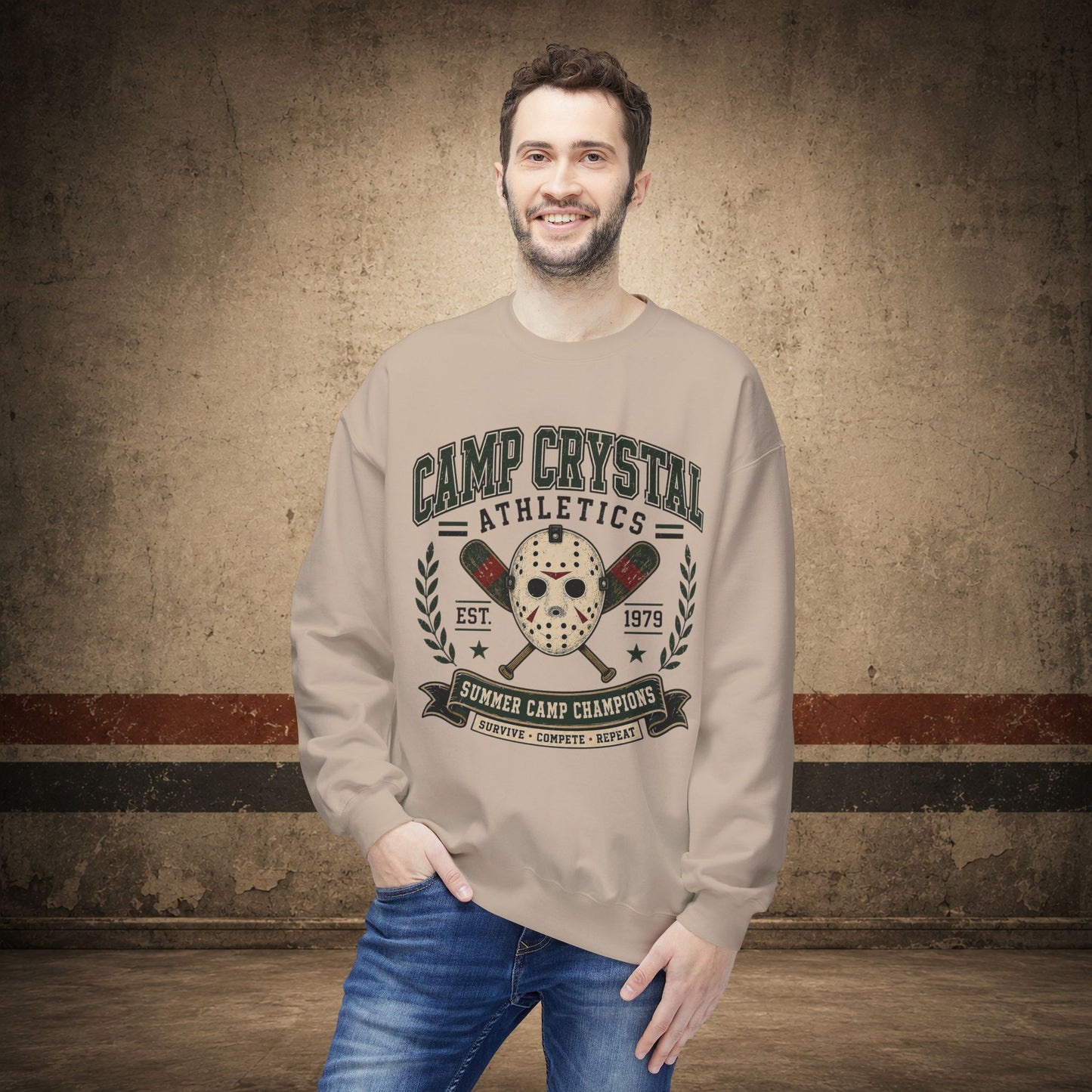 Camp Crystal Athletics Crewneck Sweatshirt – Retro Horror School Logo