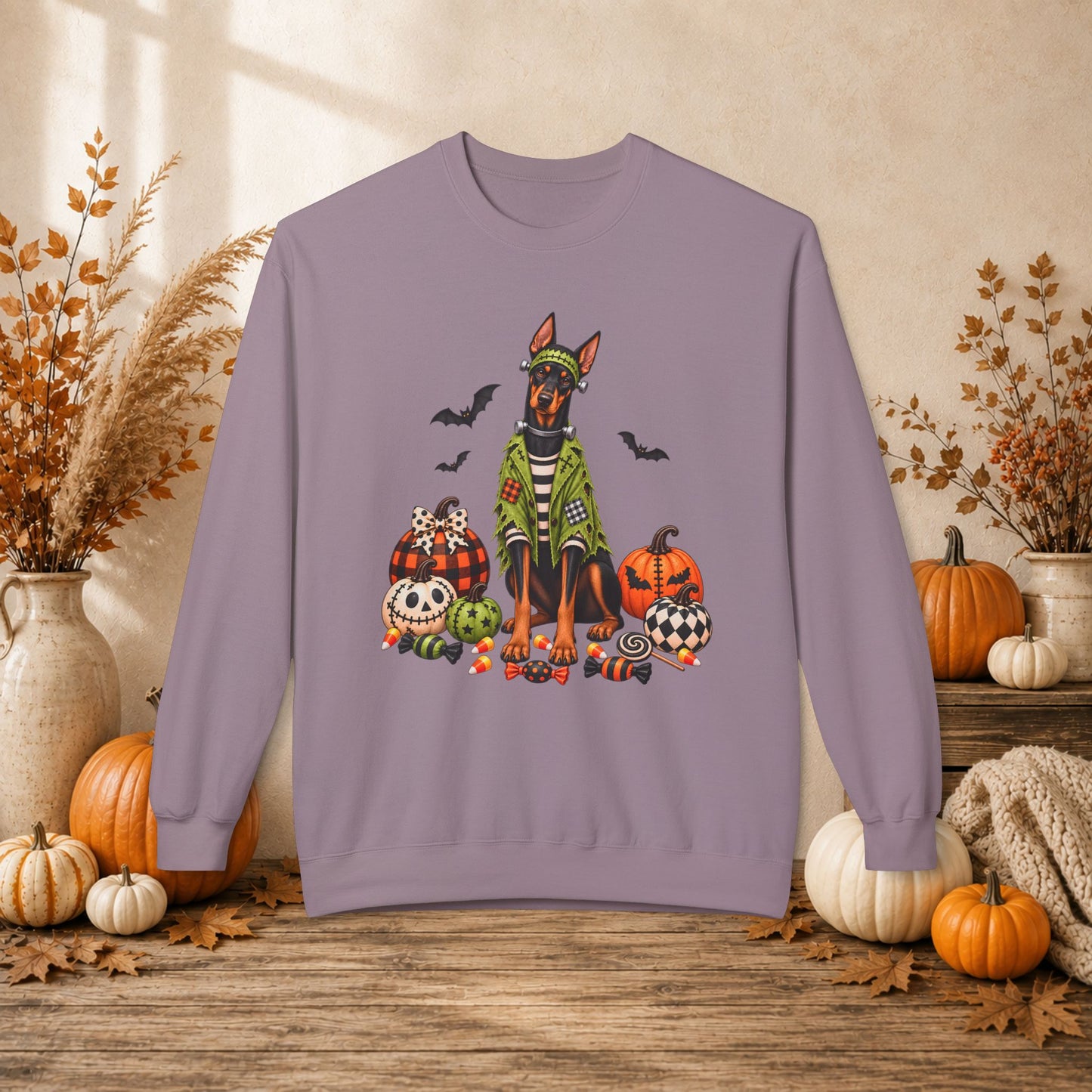 Doberman Halloween Sweatshirt — Spooky Dog Pumpkin Crewneck