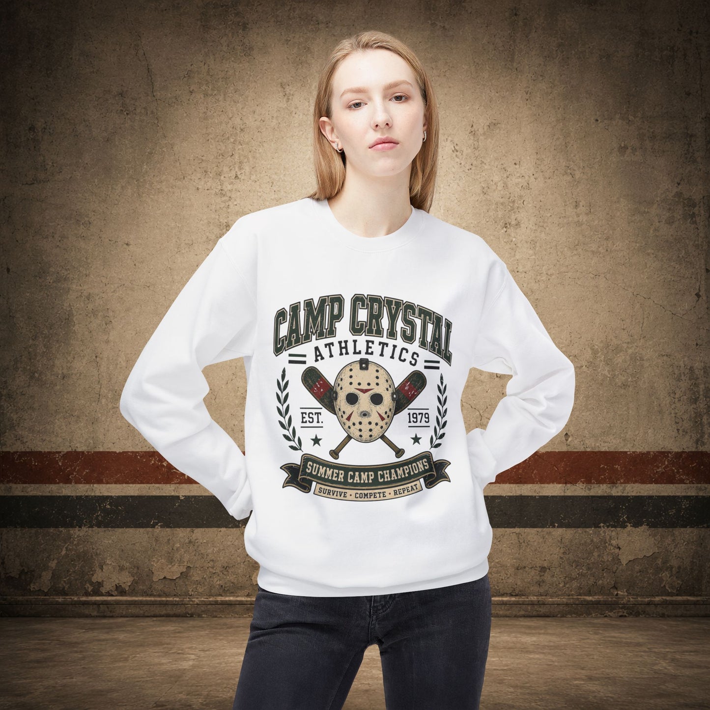 Camp Crystal Athletics Crewneck Sweatshirt – Retro Horror School Logo