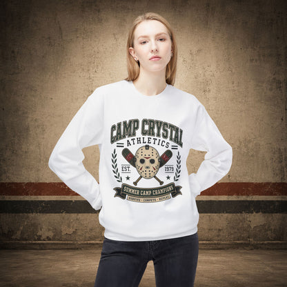 Camp Crystal Athletics Crewneck Sweatshirt – Retro Horror School Logo