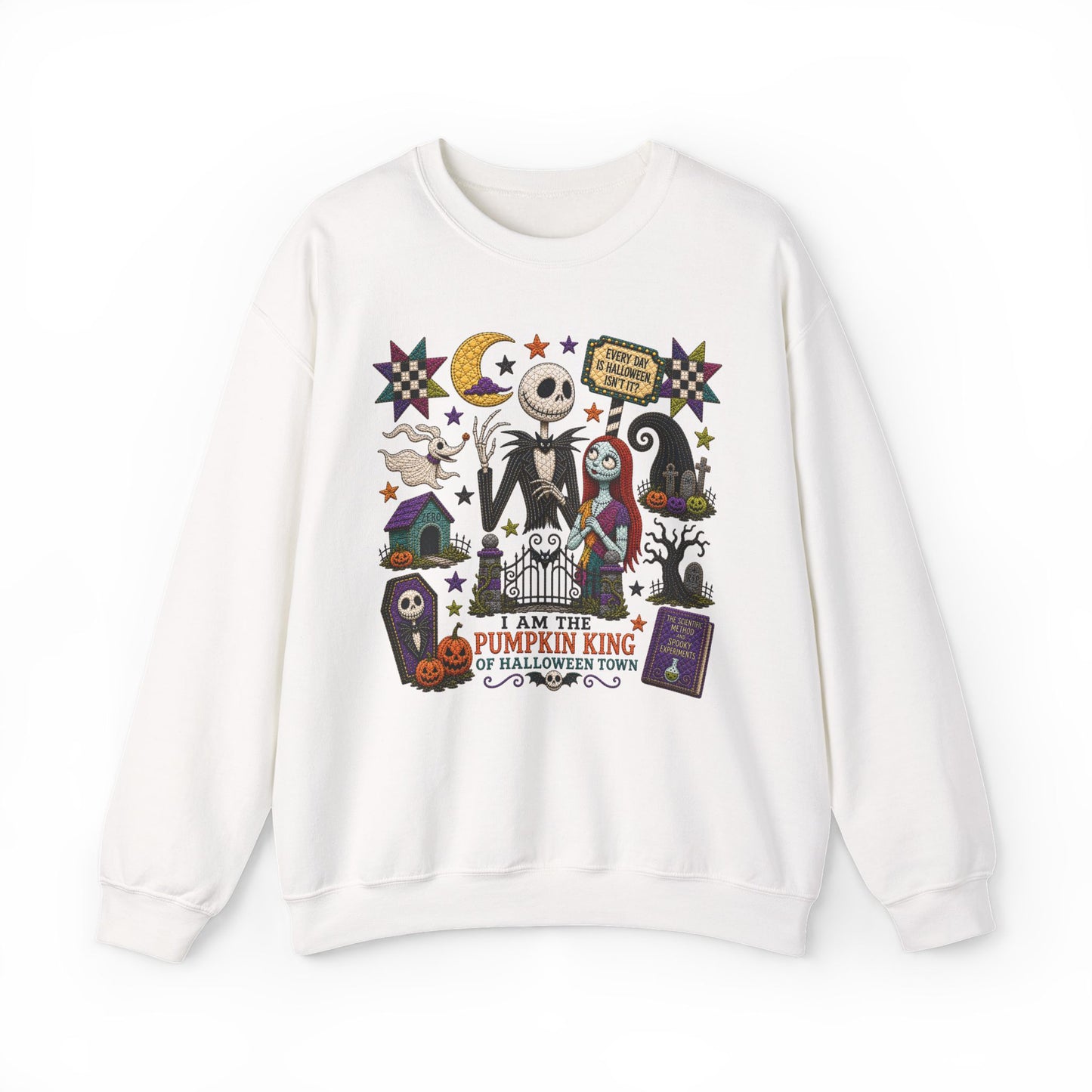 Halloween Crewneck Sweatshirt — 'I Am the Pumpkin King' Jack Skellington Quilt Style Design