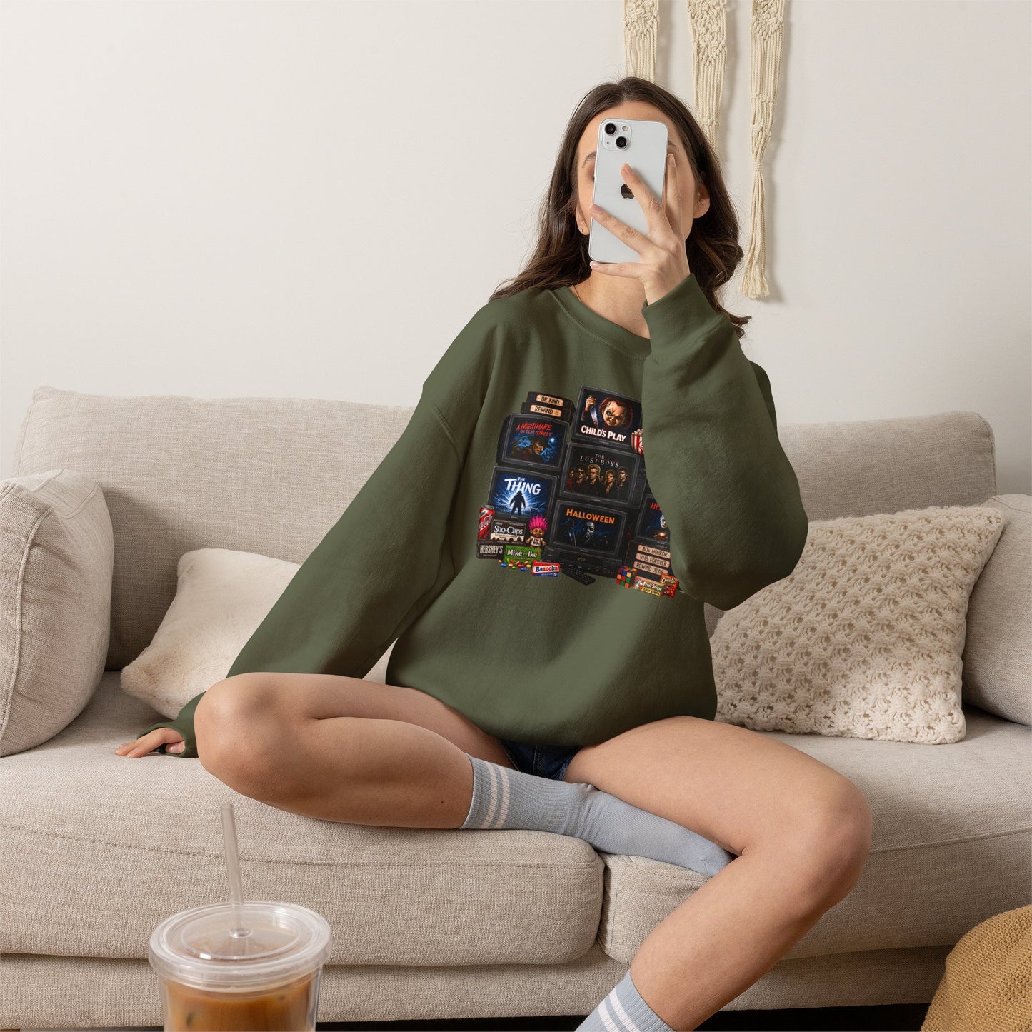 Horror Classics Crewneck Sweatshirt — Retro VHS Movie Stack Design