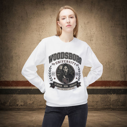 Woodsboro University Crewneck Sweatshirt – Retro Horror School Logo