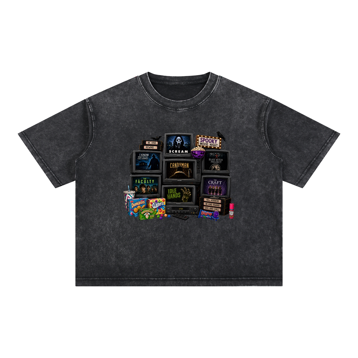 A dark gray acid-wash t-shirt featuring a collage graphic of various horror movie and TV show title cards printed on the chest, displayed flat against a solid white background.