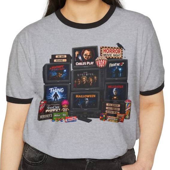 Retro Horror Movie Collage Ringer Tee