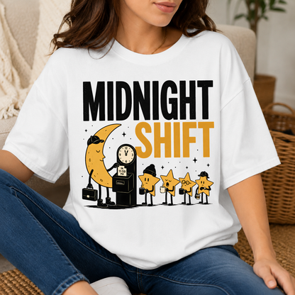 Midnight Shift Pop Art Tee — Moon & Stars 'Clocking In' Night Tee